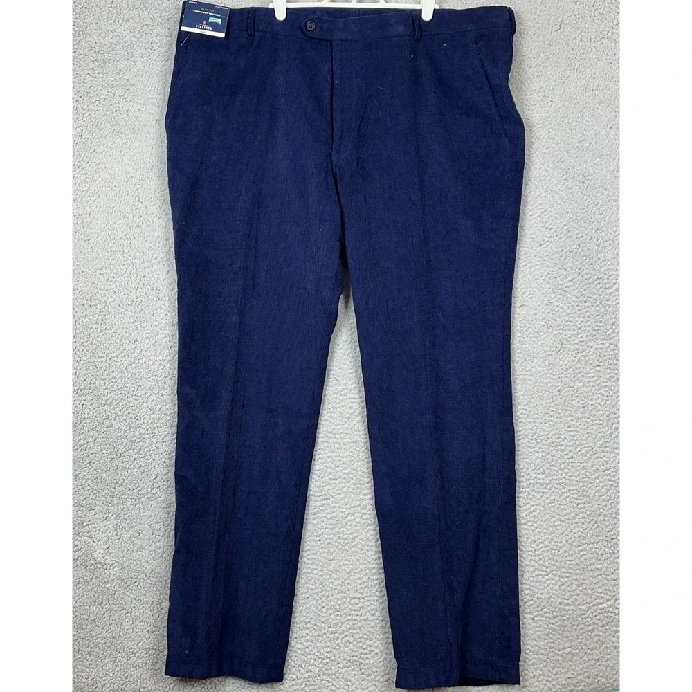 Stafford Pants Mens 44X32 Navy Blue Slim Fit Corduroy Dress Trousers Flat Front